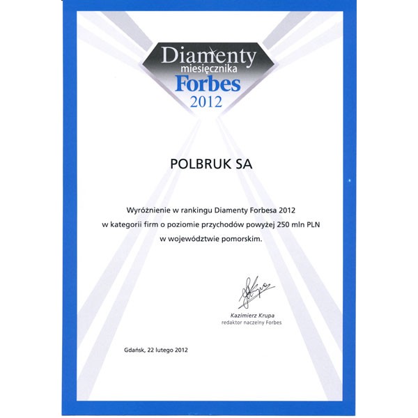 Dyplom za wyróżnienie w rankingu Diamenty Forbesa 2012 Fot. Polbruk
