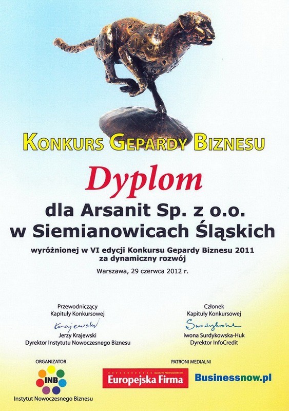Gepard Biznesu 2011 - dyplom dla firmy Arsanit