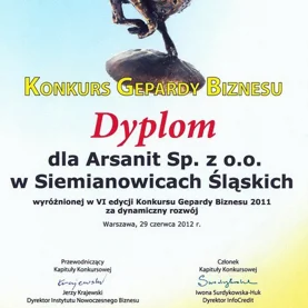 Gepard Biznesu 2011 - dyplom dla firmy Arsanit