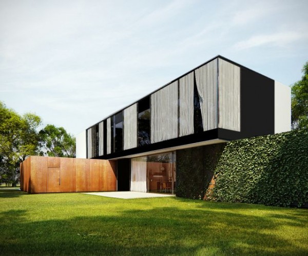 Powierzchnia salonu może zostać powiększona poprzez rozsunięcie panoramicznych okien – „Dom na wysoki kontrast”, Wrocław, projekt pracownia architektoniczna KMA