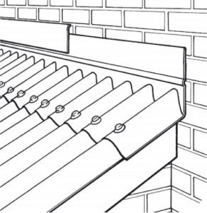 Rys. 11 Opierzenie muru.Do uszczelnienia miejsca połączenia połaci dachowej ze ścianą pionową zastosuj gotowy element wykańczający – opierzenie muru. Dla dodatkowej ochrony krawędzi można użyć bitumiczną taśmę samoprzylepną.