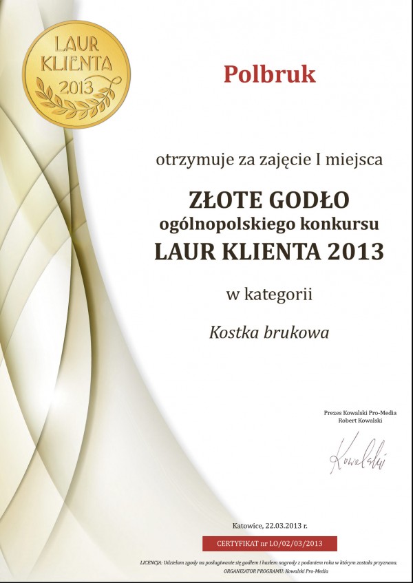 Dyplom Złote Godło 2013 dla Polbruk Fot. Polbruk