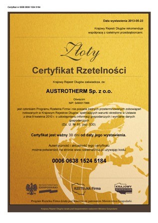 Złoty Certyfikat Rzetelności dla firmy Austrotherm 