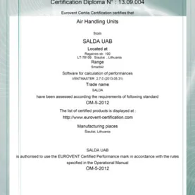 Certyfikat Eurovent dla central wentylacyjnych SALDA