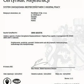 Certyfikat BS OHSAS 18001:2007 dla marki NordGlass