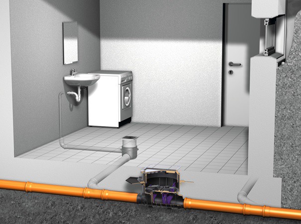 Przykład podłączenia urządzeń sanitarnych do zaworu przeciwzalewowego Staufix SWA (montaż w posadzce) / KESSEL