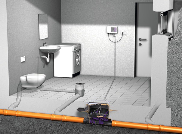 Przykład podłączenia urządzeń sanitarnych do zaworu przeciwzalewowego Staufix FKA (montaż na swobodnym przewodzie kanalizacyjnym) / KESSEL